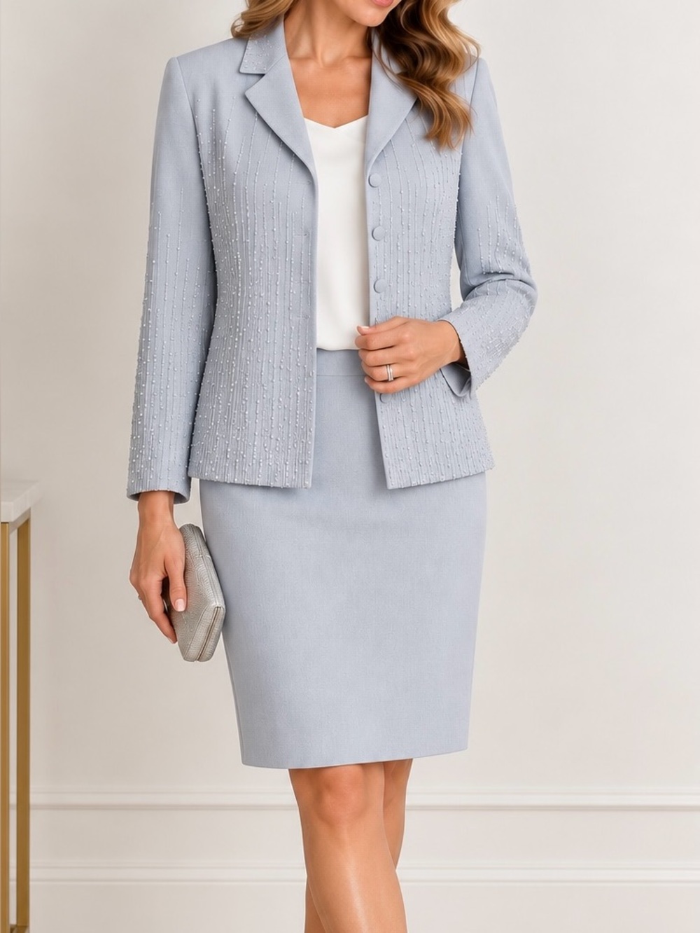 Albert Nipon Vintage 90s Beaded Skirt Suit Light Blue Formal Wedding Size 8